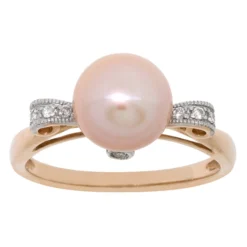 Rose Gold Pink Freshwater Cultured Pearl & Diamond Ring 14K