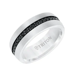 TRITON Stone Comfort Fit Black Sapphire Eternity Band In White Tungsten, 8 Mm