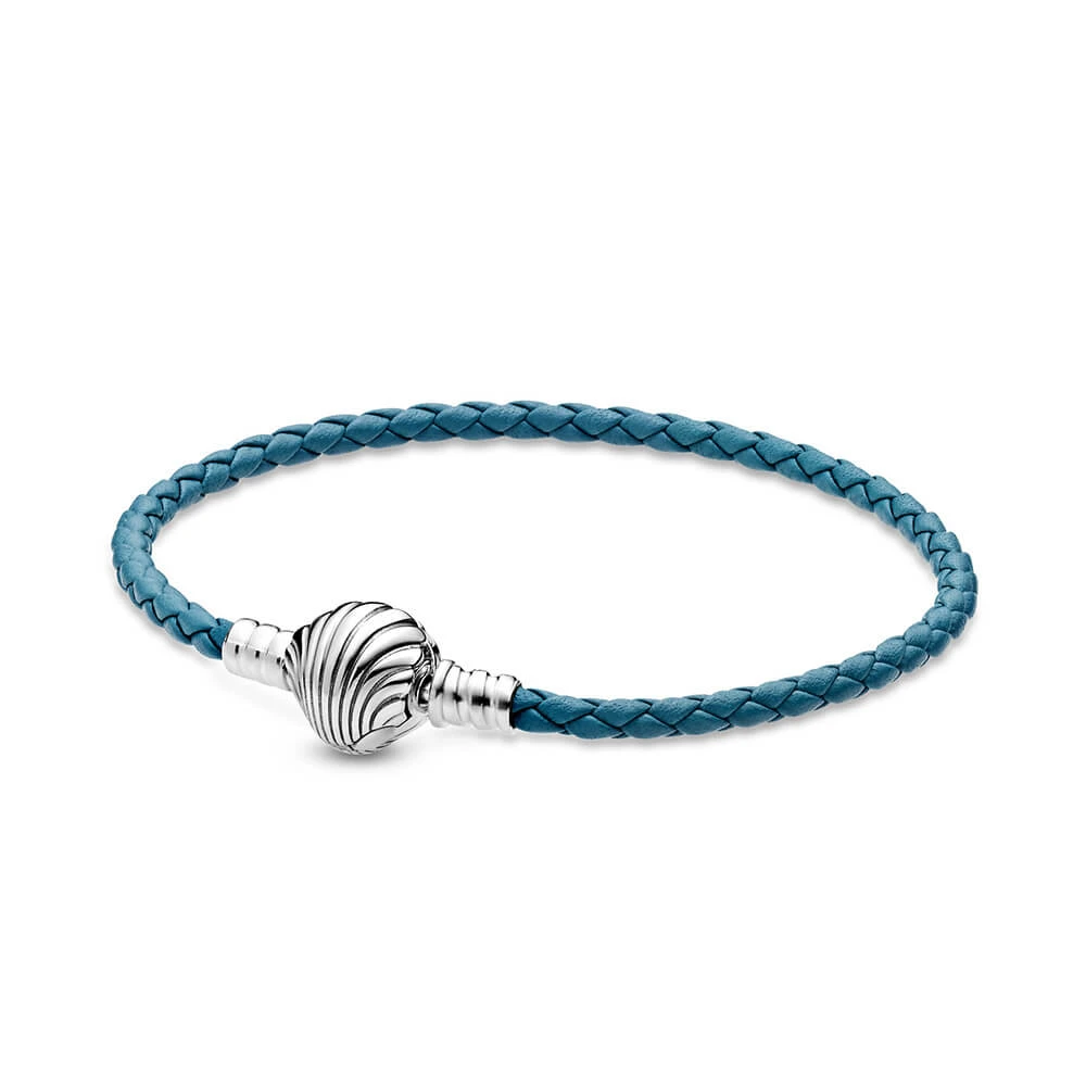 Pandora Moments Seashell Clasp Turquoise Braided Leather Bracelet 3 Pandora Moments Seashell Clasp Turquoise Braided Leather Bracelet