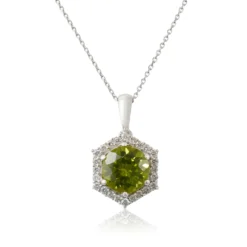 Peridot & Diamond Hexagon Halo Necklace 14K