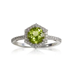 Peridot & Hexagon Diamond Halo Ring 14K