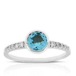 Bezel Set Blue Topaz & Diamond Ring 14K