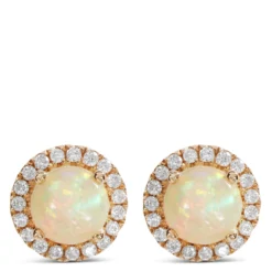 Round Cut Opal And Diamond Halo Earrings, 14K Yellow Gold