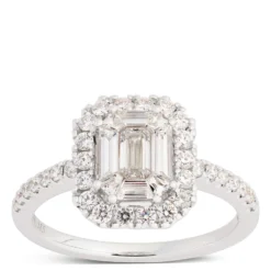 Emerald Cut Halo Engagement Ring, 14K White Gold