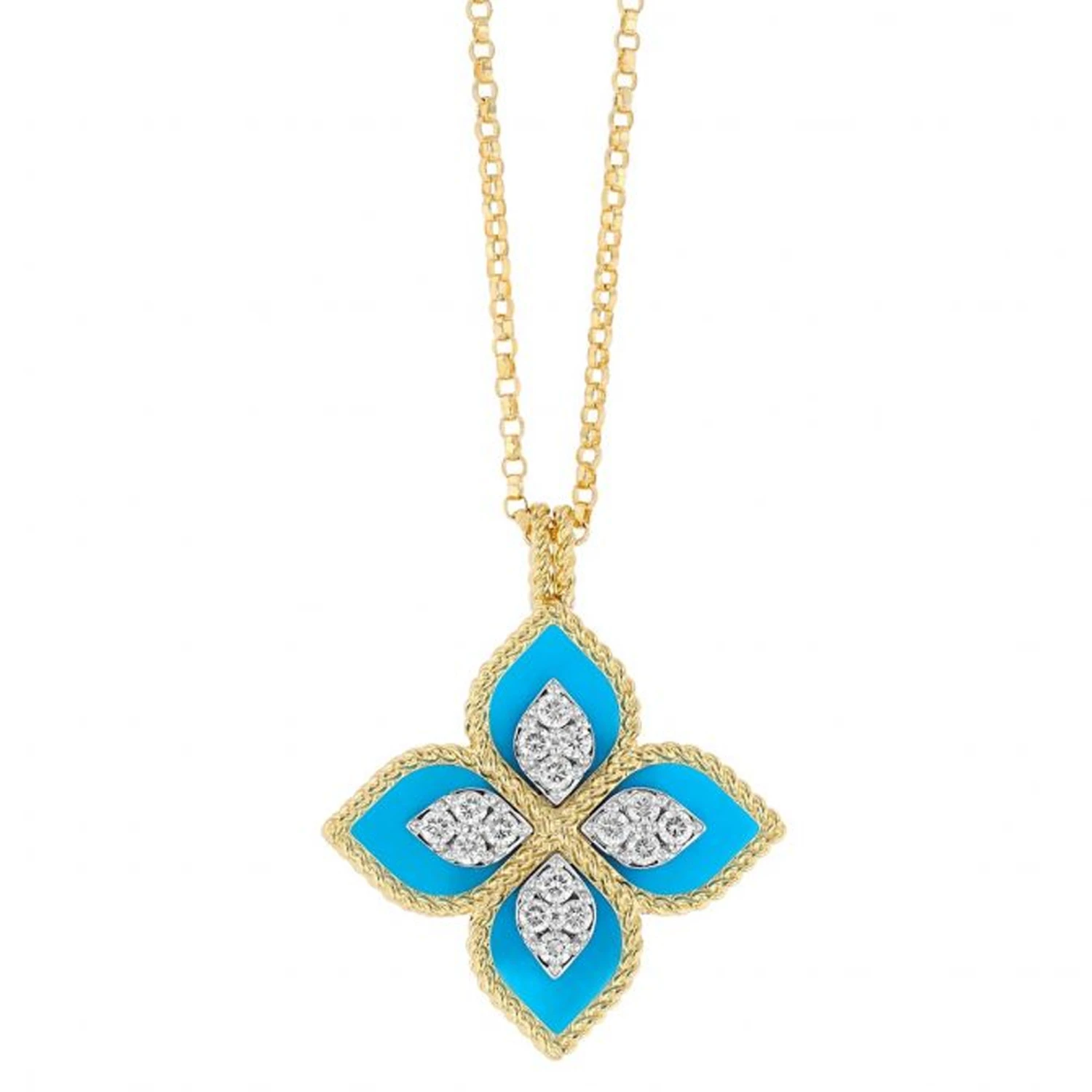 Roberto Coin Venetian Princess Diamond & Turquoise Flower Necklace 18K Yellow/White Gold, 18 Inches 2 Roberto Coin Venetian Princess Diamond & Turquoise Flower Necklace 18K Yellow/White Gold, 18 Inches