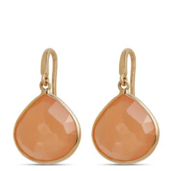 Rose Cut Peach Moonstone Earrings, 14K Yellow Gold