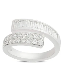 Baguette And Round Cut Diamond Bypass Ring, 14K White Gold