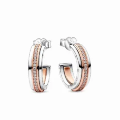 Pandora Signature Two Tone Logo & Pavé Hoop Earrings