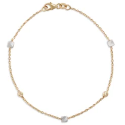 7-Inch Cube And Round Bead Station Bracelet, 14K Yellow Gold